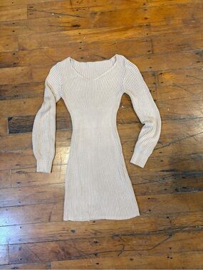 Ribbed Knit Long Sleeve Bodycon Dress in Cream